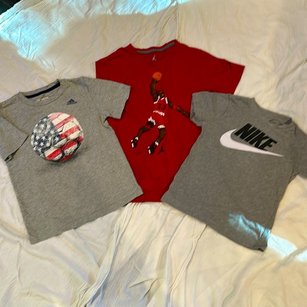 3 kids tees. Nike, Jordan, Adidas. Sizes 8-10 Boys